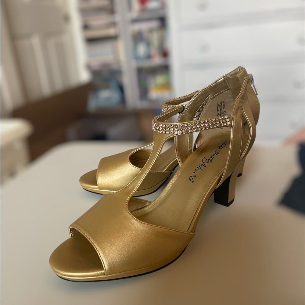 Easy Street Gold Dancing Heels with Rhinestone Detail